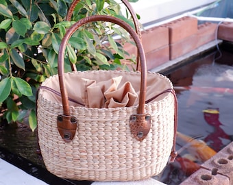 water hyacinth basket with PU leather handle