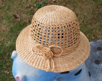 Girls' Straw Sun Hat: Natural Water Hyacinth, Beach Travel Hat