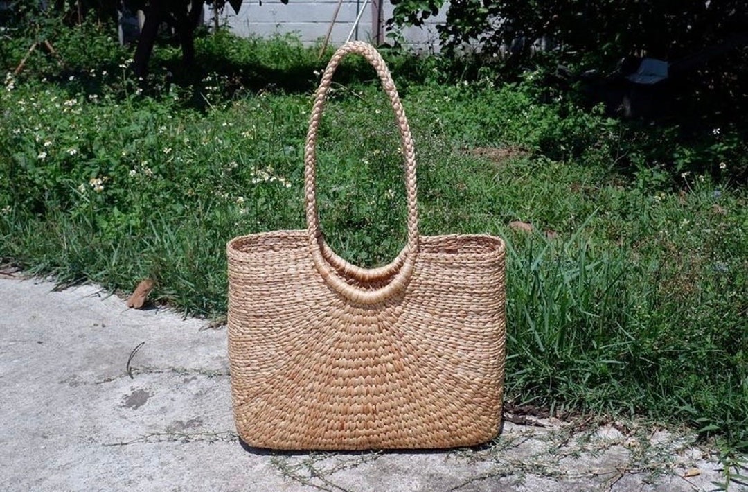 Natural Navy Straw Large Tote Bag