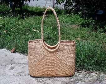 Woven Water Hyacinth Straw Beach Tote: Large Seagrass Bag