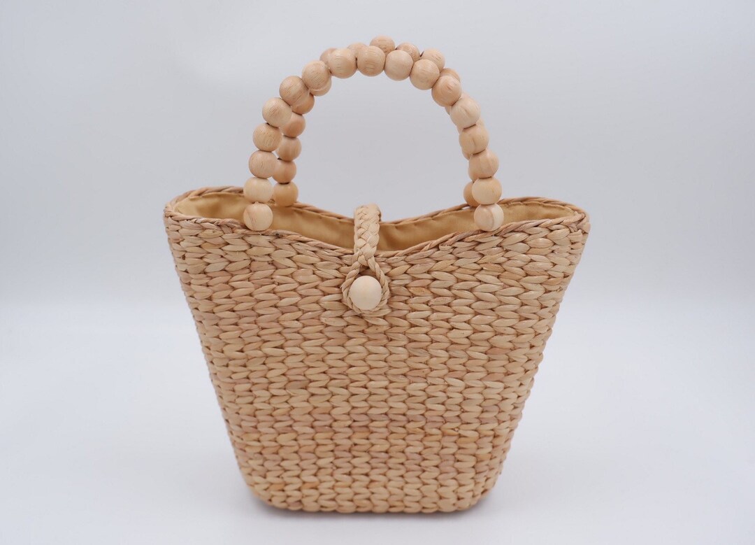 Handmade Water Hyacinth Straw Bag: Vintage Wooden Bead Handle - Etsy