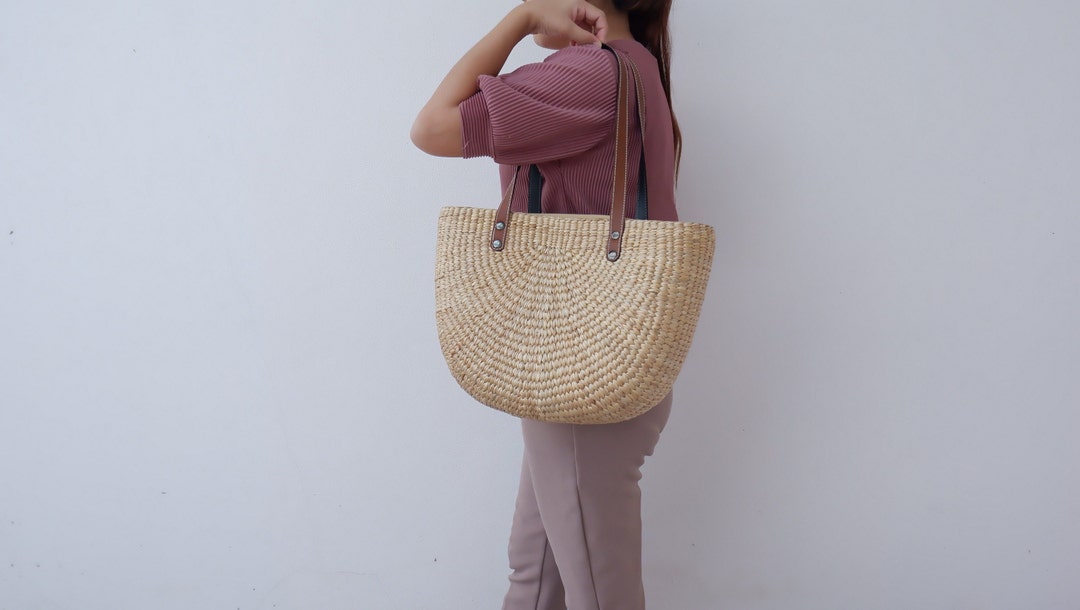 Handwoven Water Hyacinth Straw Tote Bag With Leather Handles - Etsy
