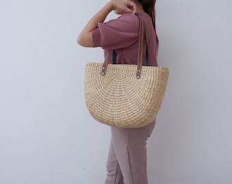 Straw  Bag, Bridesmaid Tote, Straw tote, Wicker Bag, Tote Bag with Leather Handle, Woven bag, Bridesmaid Gifts, Beach tote bag, Straw basket