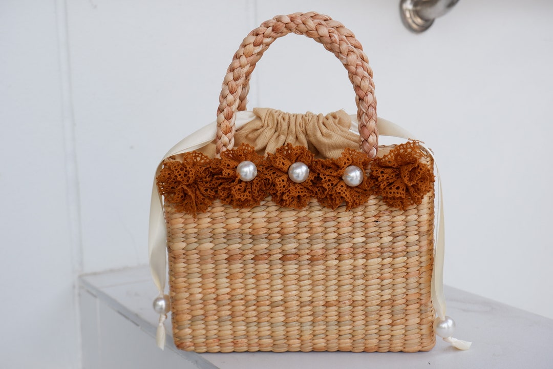 Handmade Water Hyacinth Bag: Small Straw Woven Tote With Detachable ...