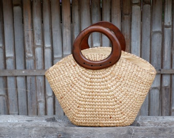 Summer Beach Bag with Wooden Handle, Seagrass Summer Basket, Water hyacinth Bag