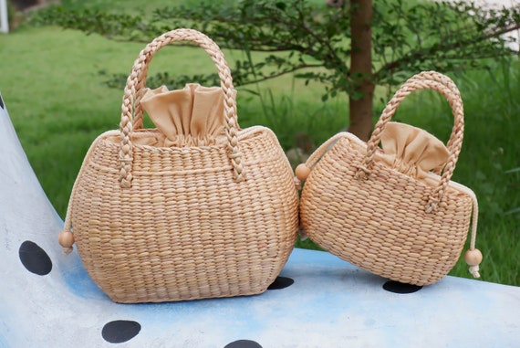 Mini Sac Bandoulière En Paille Tressée Main - Couleurs Rose, Vert Clair, Marron