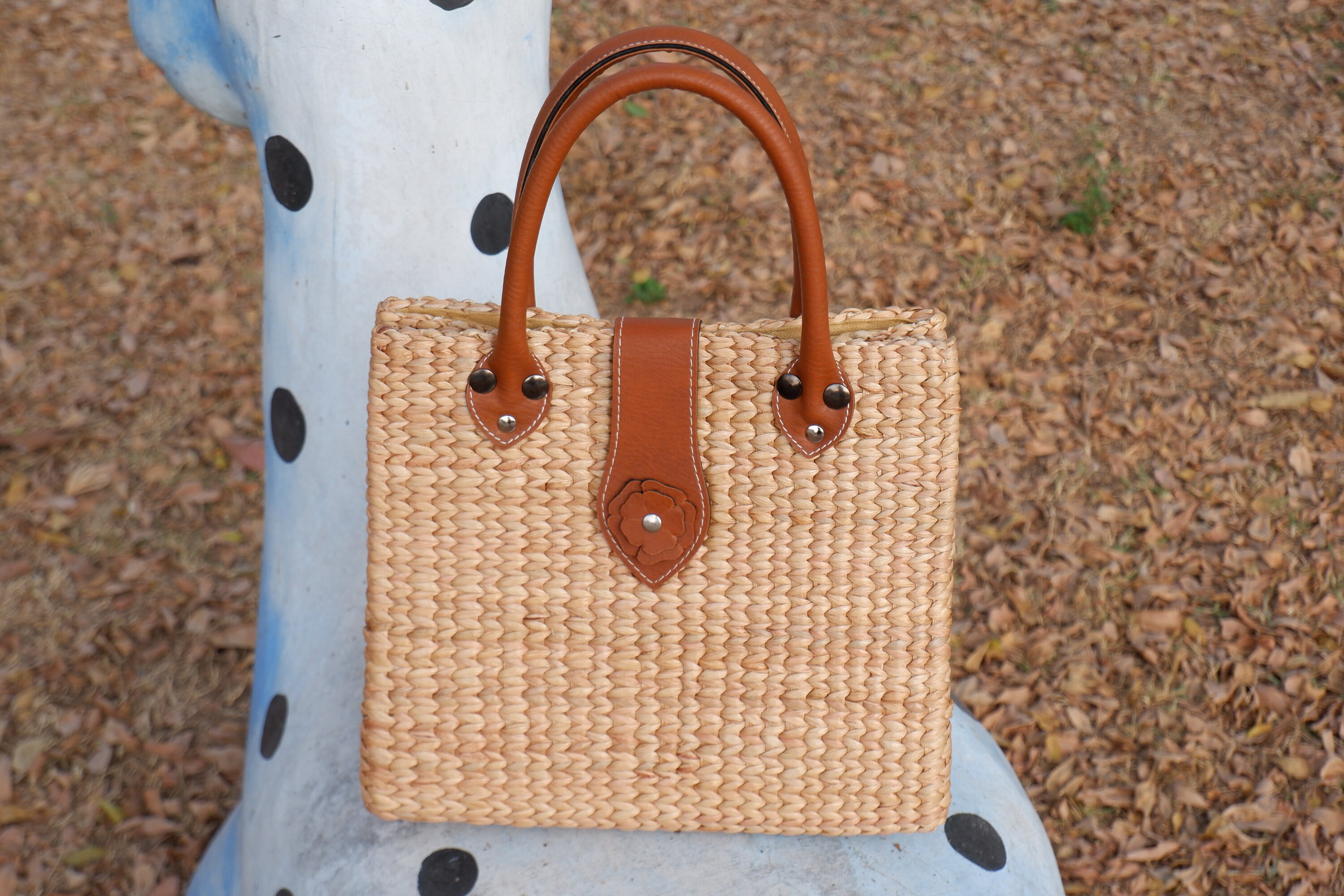 Woven Straw Tote Bag With Leather Handles: Water Hyacinth Summer Bag - Etsy