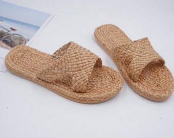 Bohemian Slippers, Hotel Sandals, Straw Sandals, Greek Bridal, Bohemian, Raffia Shoes, Slippers wedding party gift, Straw Slippers