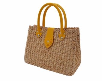 Leather Handbag, Woven Bag, Water hyacinth Bag, Summer Bag, Straw bag for women, Yellow handbag, Straw Bag, Straw Handbags