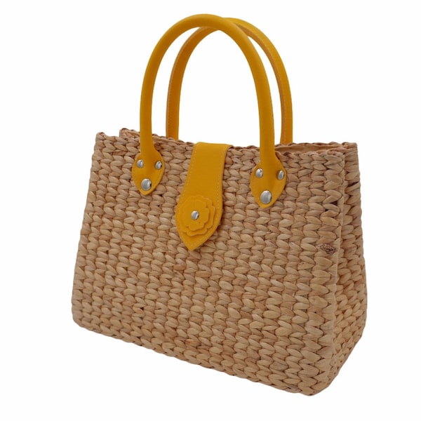 Leather Handbag, Woven Bag, Water hyacinth Bag, Summer Bag, Straw bag for women, Yellow handbag, Straw Bag, Straw Handbags