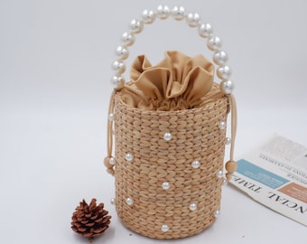 Pearl Straw Bags, straw woven bucket bag, beaded straw bag, Bridal Bag, Wrist Bag, Pearl Bucket Purse