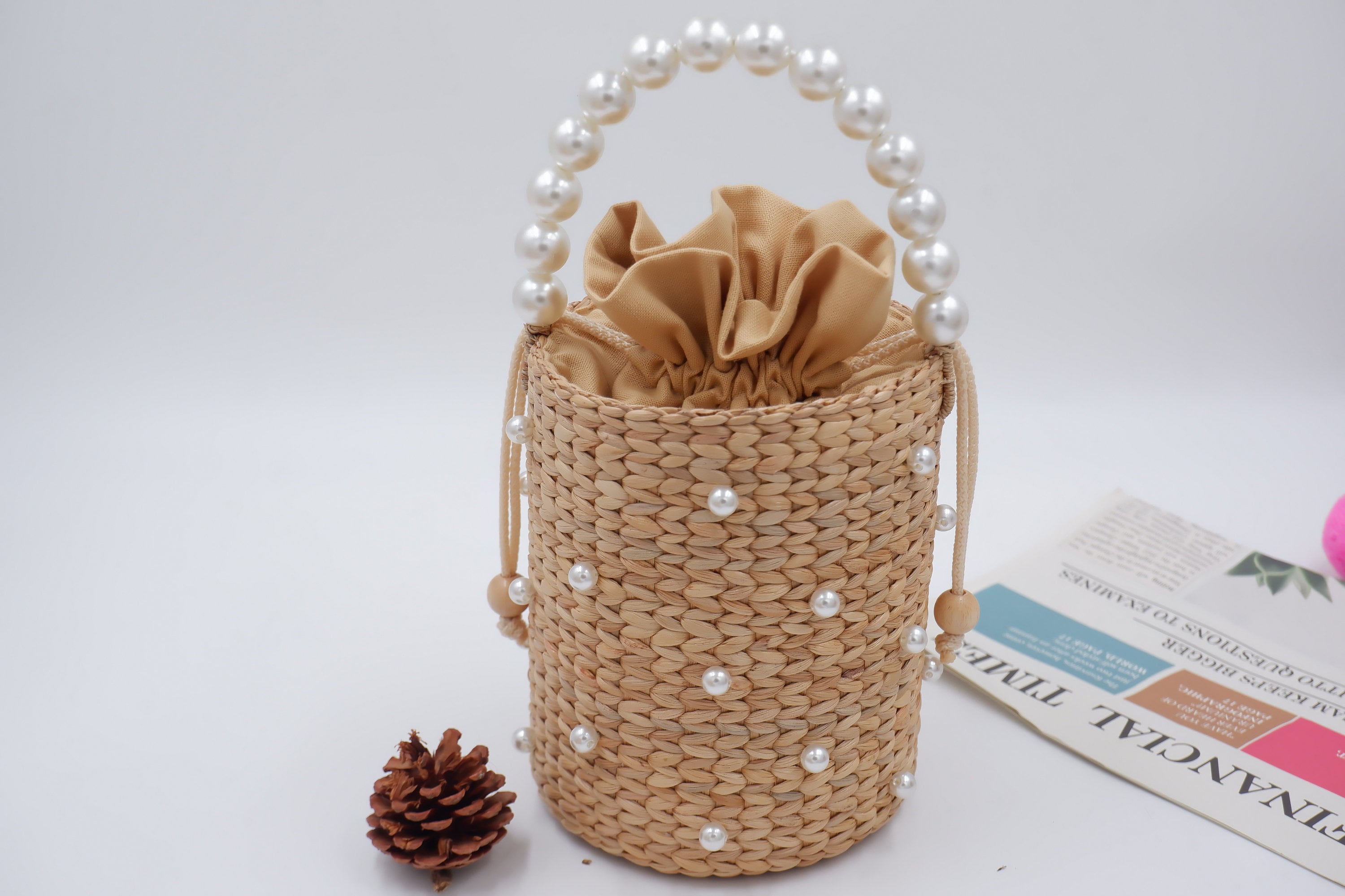 Pearl Straw Bags, straw woven bucket bag, beaded straw bag, Bridal Bag, Wrist Bag, Pearl Bucket Purse