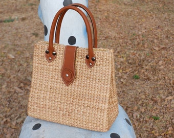 Straw Bag with Leather Handle, seagrass bag, Summer bag, Woven Straw Basket Handbag With Leather Handles