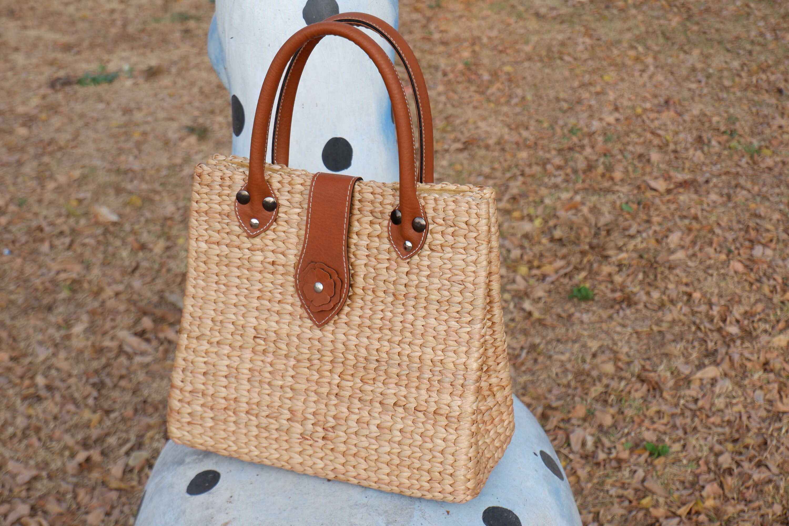 Woven Straw Tote Bag With Leather Handles: Water Hyacinth Summer Bag - Etsy