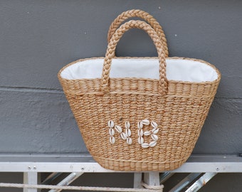 Customized Letters, Personalised Shell  Woven bag, Monogram Straw Tote, Seashell Straw Tote, Boho Beach Bag, Personalized Tote