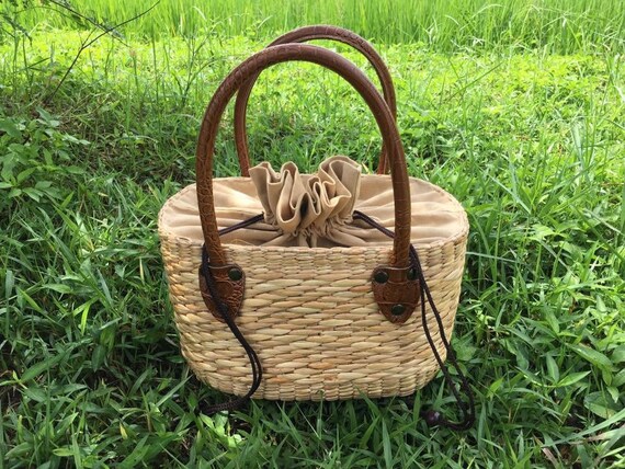 完売☆LUDLOW ラドロー Bucket-Water hyacinth bag Water Hyacinth Basket With PU Leather Handle - Etsy