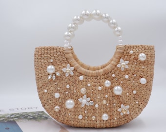 monogrammed straw beach bag, pearl straw bag, bridesmaid gift bag, bridesmaid proposal gifts, engagement