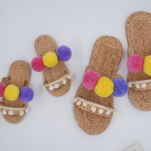 Mommy and Me Shoes, Matching Shoes, Custom shoes,  Wedding shoes for bride, Slippers Bachelorett Party, Pom Pom slipper, child and mom shoes