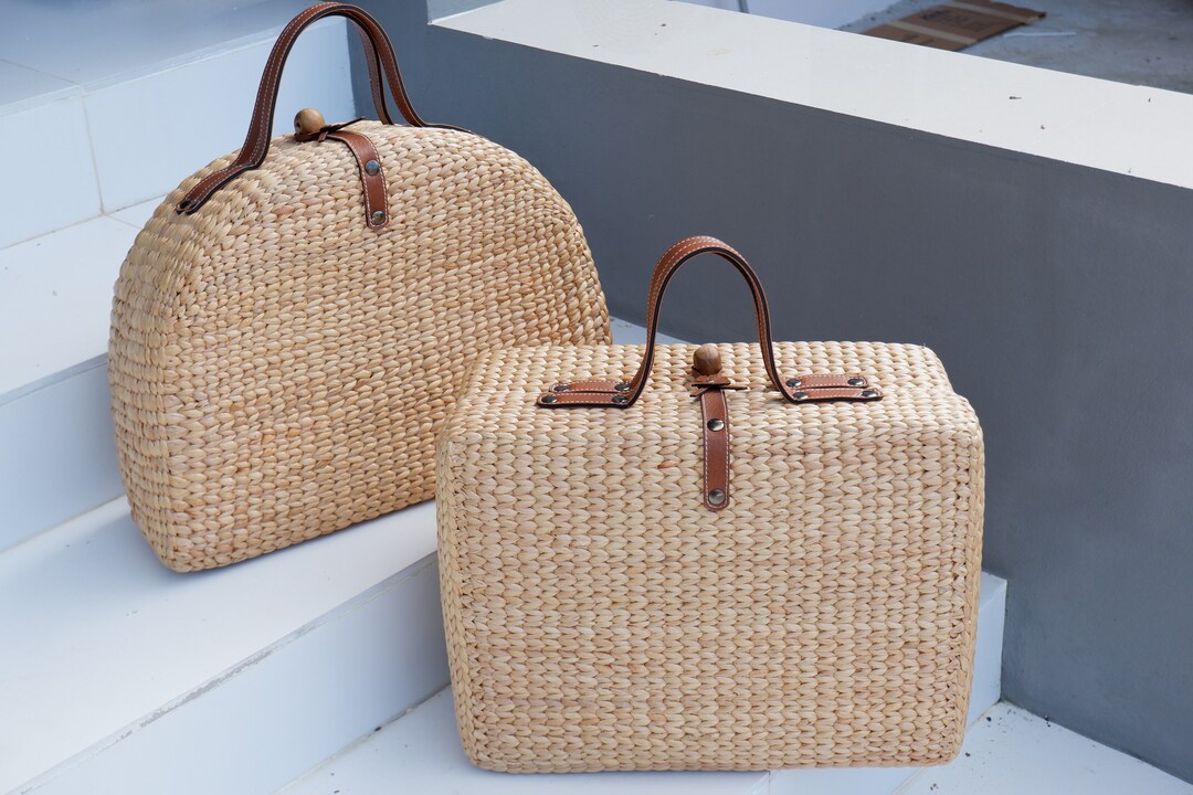 Large Picnic Basket Tote With Leather Handle Handwoven Etsy