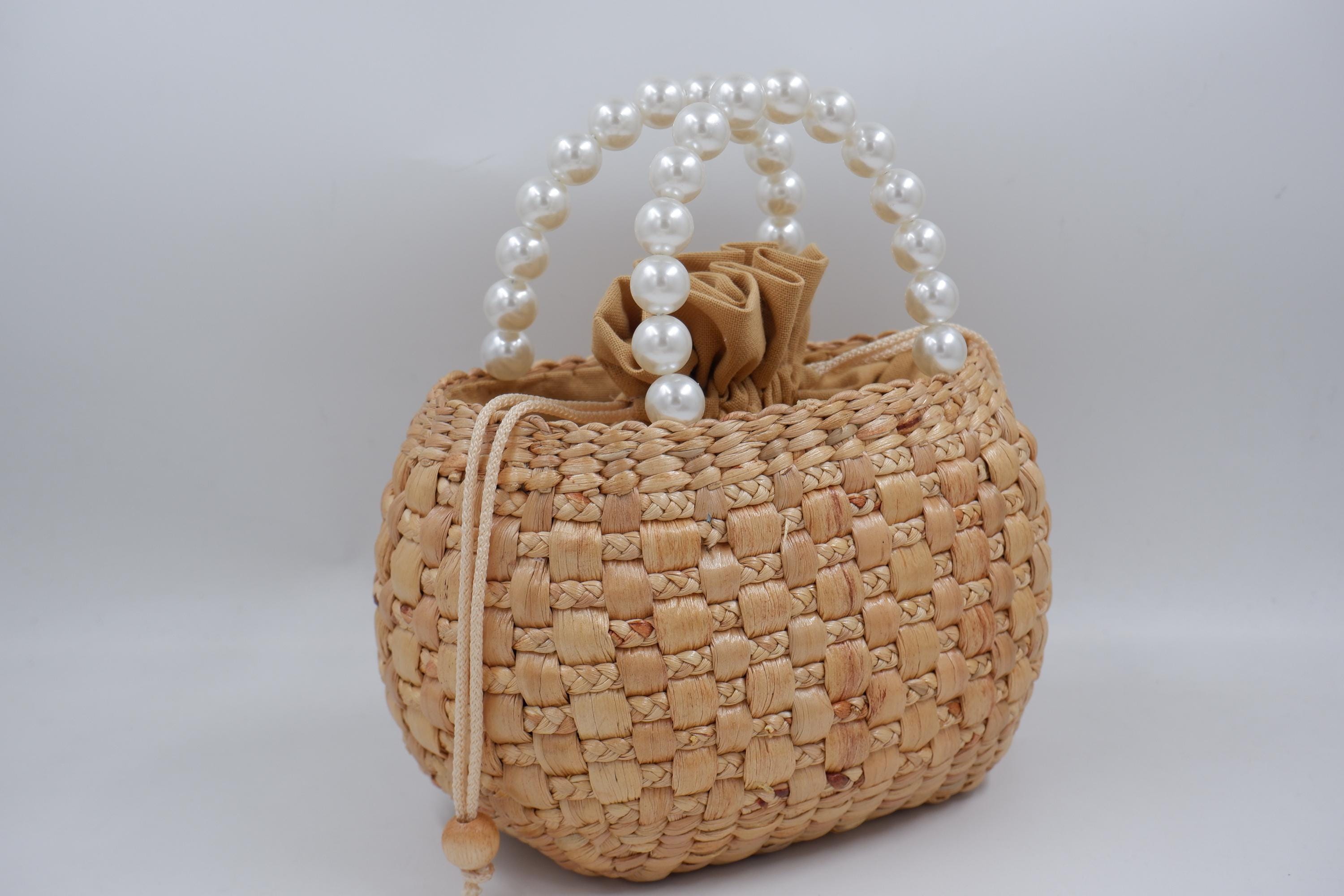 Handwoven Water Hyacinth Bridal Bag: Pearl Handle Bride Purse - Etsy