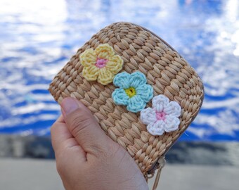Handmade Straw Coin Purse, Boho Woven Clutch with Flowers
