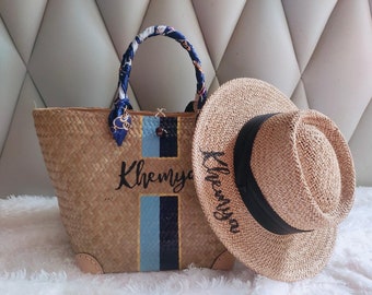 Monogram Beach bag , Set bag and hat, Beach Bachelorette, Bridesmaids Gifts, Bridal party gifts, Bridal Squad,  Holiday Gifts