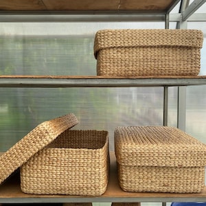 May include: Woven rectangular storage baskets with lids in various sizes. The baskets are made of a light brown, natural material and are displayed on a metal and wood shelf. One lid is open, revealing the interior.