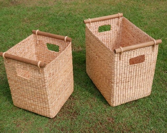 Large Water Hyacinth Woven Basket with Wooden Handles