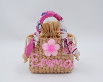 pink kids bag, flower girl gift , girl straw purse, straw bag for kids, kids purse, Birthday Gift, Little Girl Gift