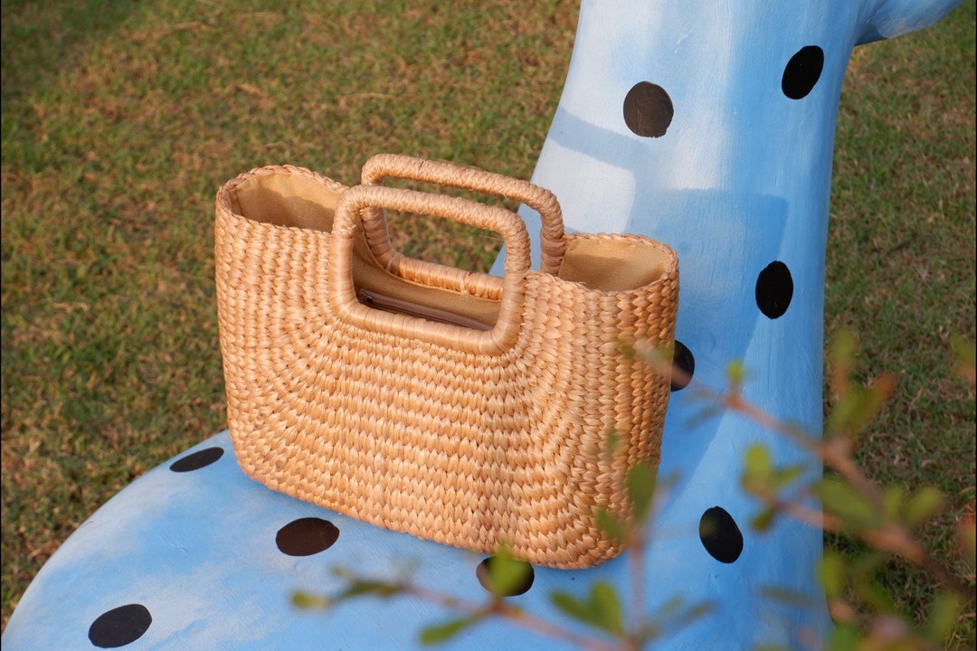 Handmade Water Hyacinth Straw Bag: Woven Top Handle Basket - Etsy