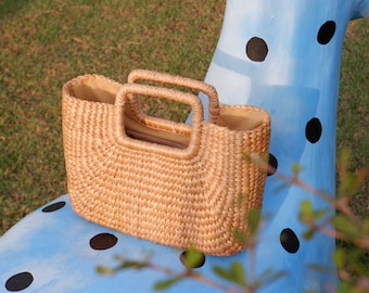 Bolsas de paja, Bolsa de mimbre, Bolsa de pasto marino, Cesta natural hecha a mano, Bolsa de paja tejida, Jacinto de agua, Bolsa con asa superior de paja, Bolso de pasto marino