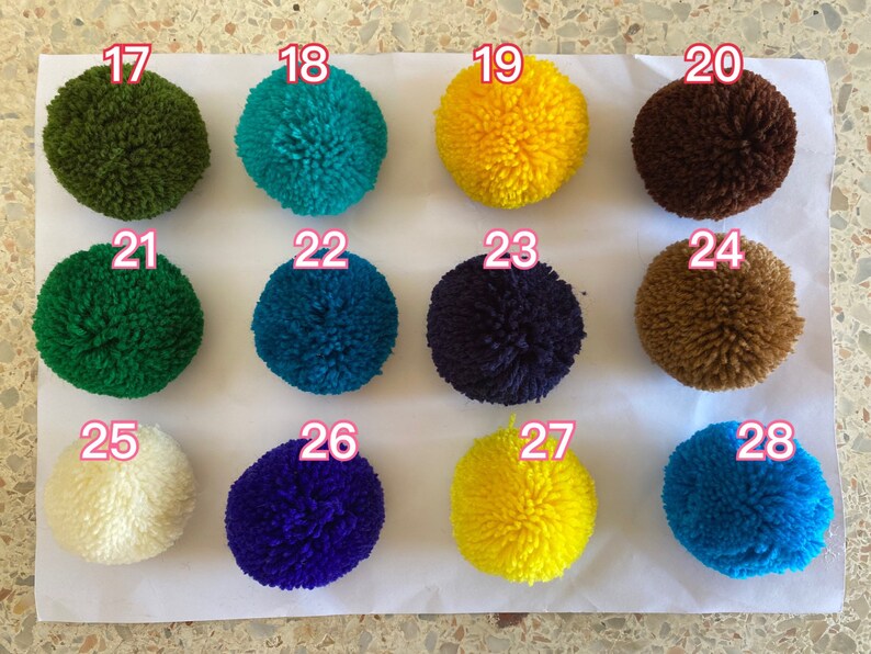 May include: Assortment of 12 pom poms in various colors, including green, blue, yellow, brown, white, and purple. The pom poms are numbered 17 through 28.