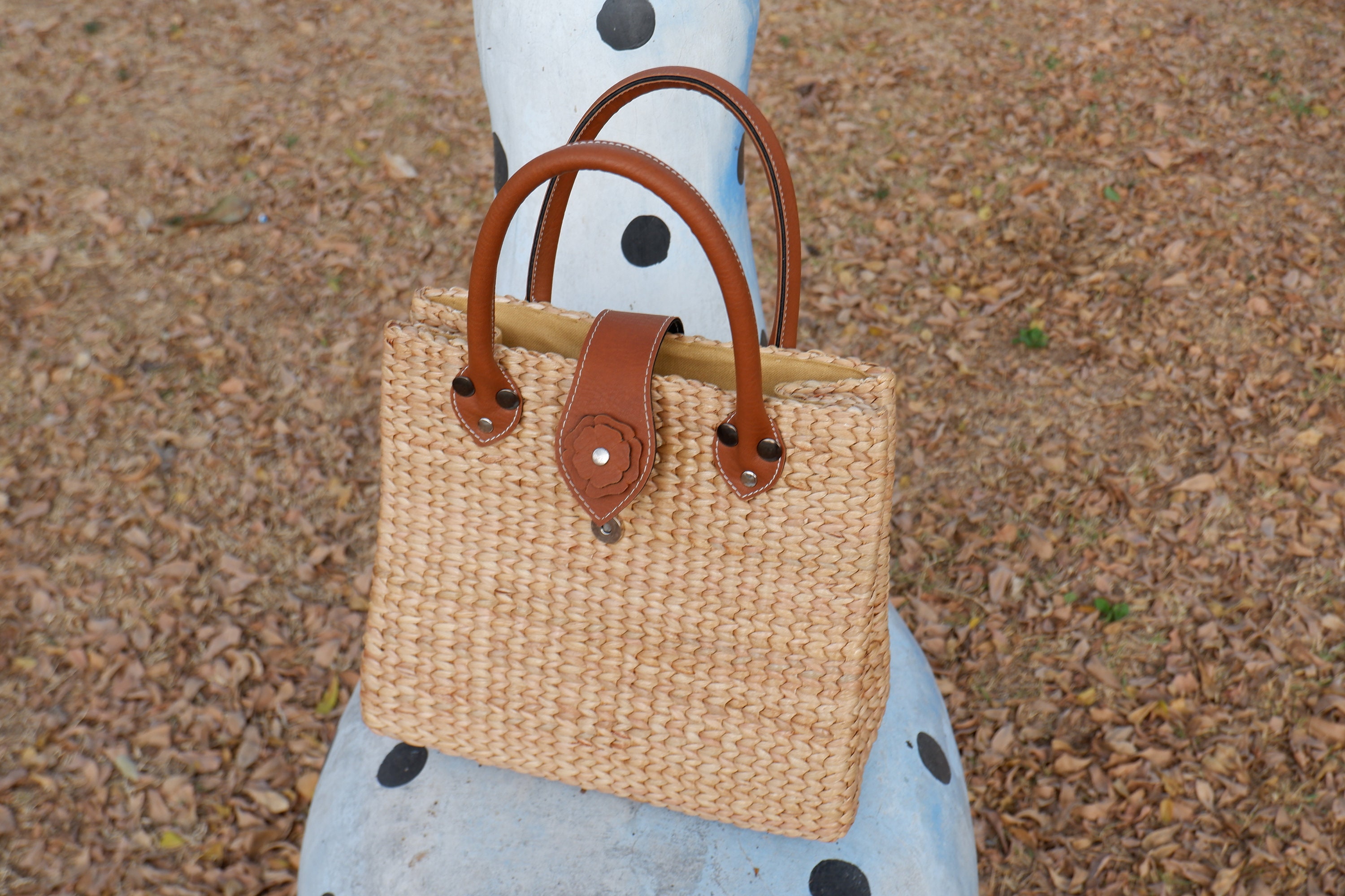 Woven Straw Tote Bag With Leather Handles: Water Hyacinth Summer Bag - Etsy