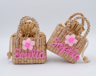 pink kids bag, flower girl gift , girl straw purse, straw bag for kids, kids purse, Birthday Gift, Little Girl Gift
