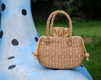 Girls Straw Purse: Wicker Basket Bag with Cream Lining