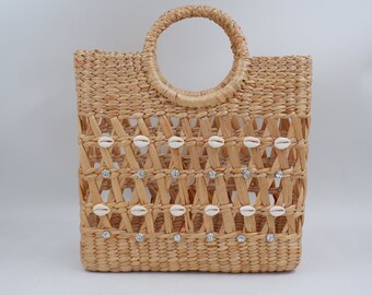 Sac en paille tissé à la main en jacinthe d'eau : cabas de plage en coquillages et strass