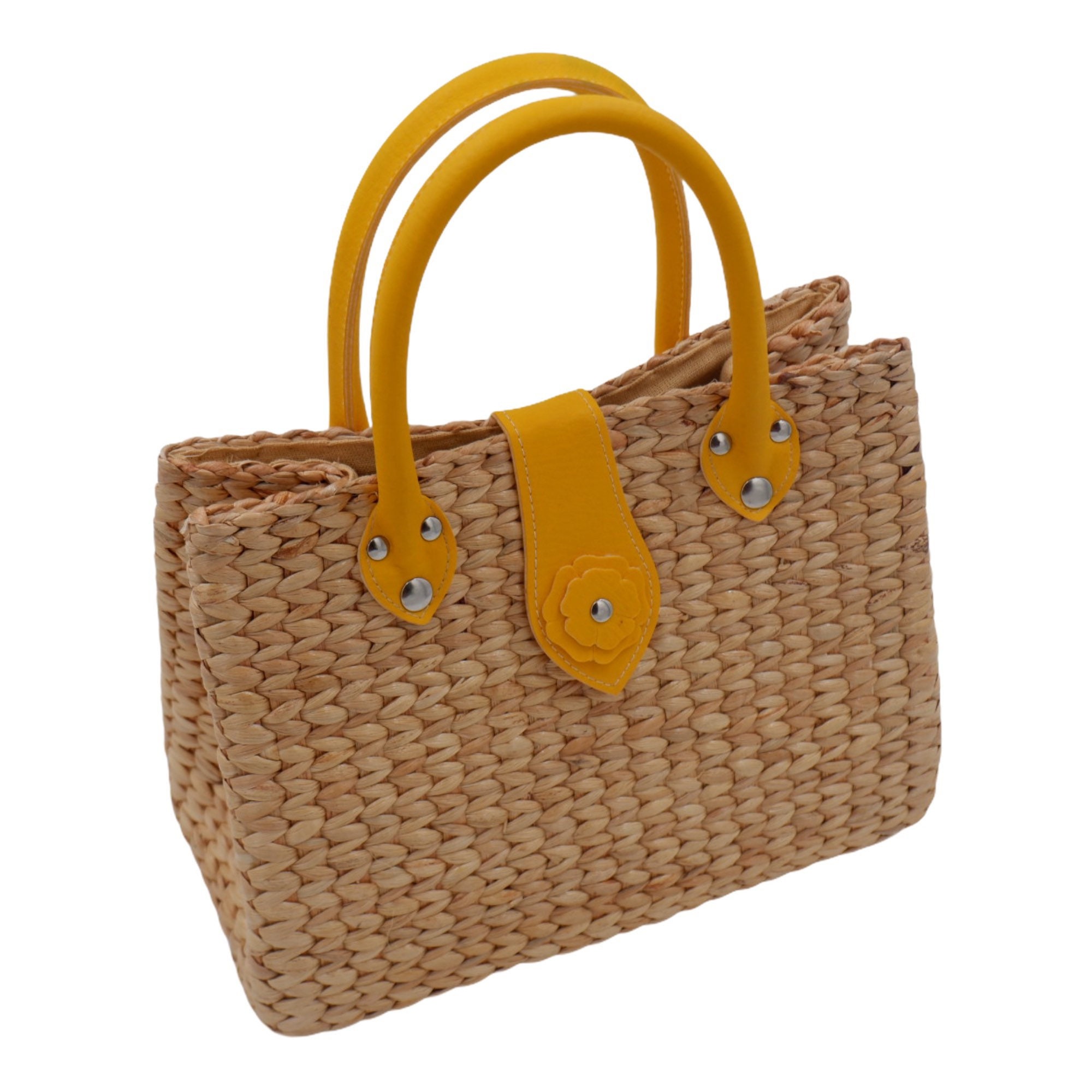 Woven Water Hyacinth Bag: Yellow Leather Handbag, Summer Straw Tote - Etsy