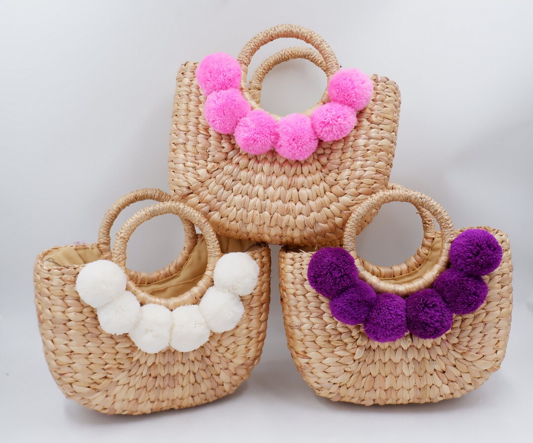 Handwoven Water Hyacinth Straw Beach Bag With Pom Poms - Etsy