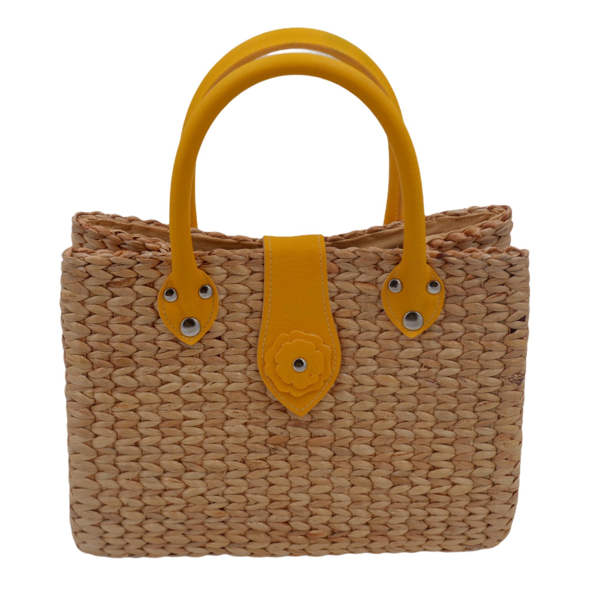 Woven Water Hyacinth Bag: Yellow Leather Handbag, Summer Straw Tote - Etsy