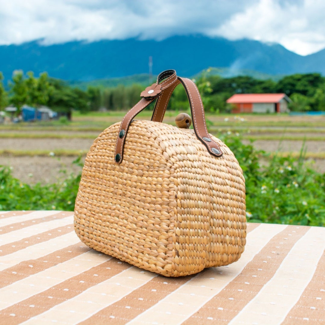 Straw Bag Monogram Leather Handle, Seagrass Bag, Straw Beach Bags