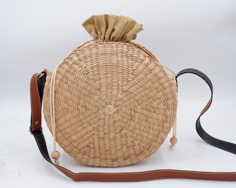 round bag, straw bag, hyacinth basket, leather handles, seagrass bag, Shoulder Bag, leather handbag, Womens Leather Bag