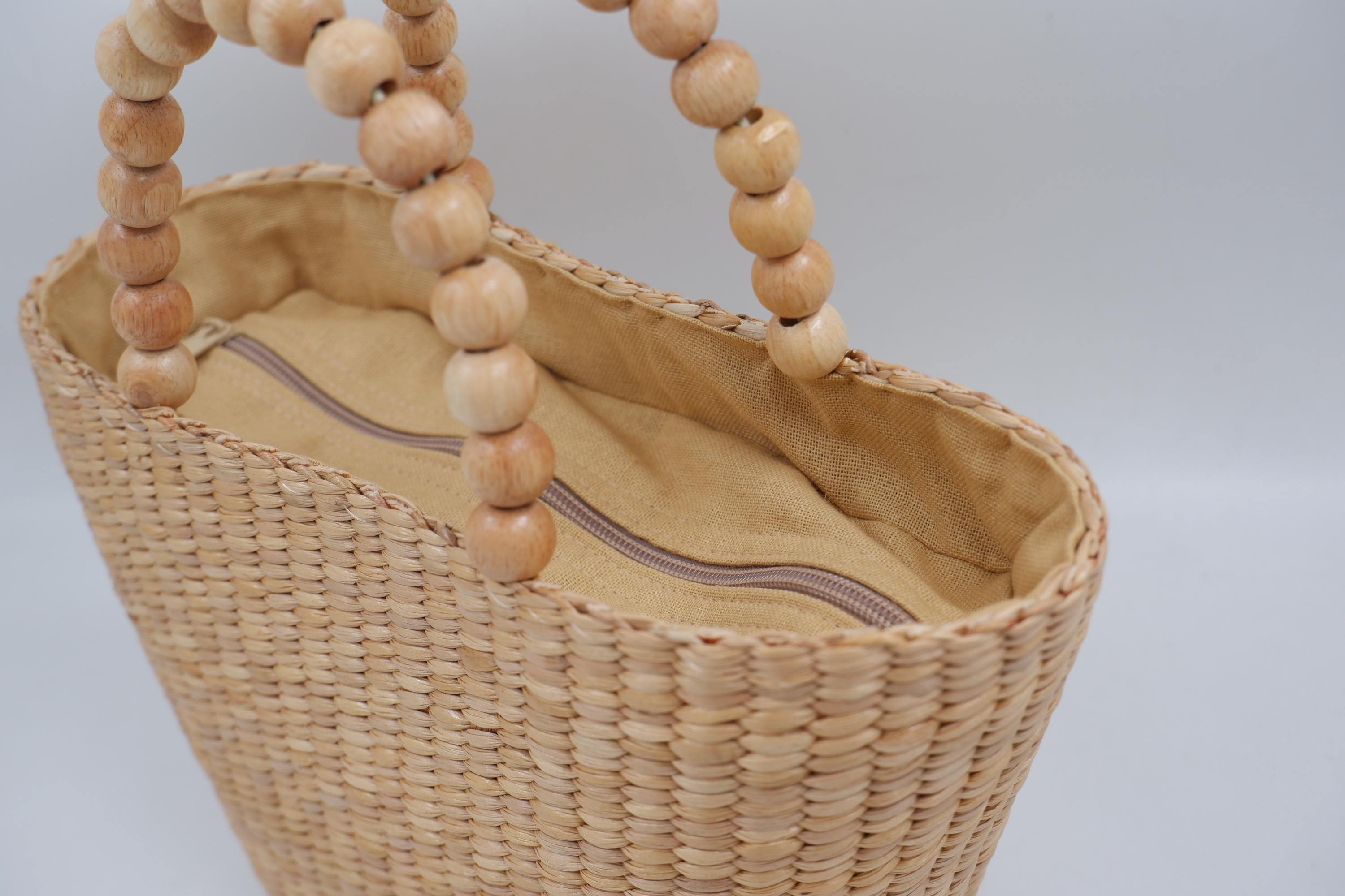 Handcrafted Water Hyacinth Straw Bag: Beaded Handle Woven Tote - Etsy