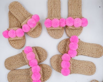 Water Hyacinth Beach Sandals with Pink Pompoms