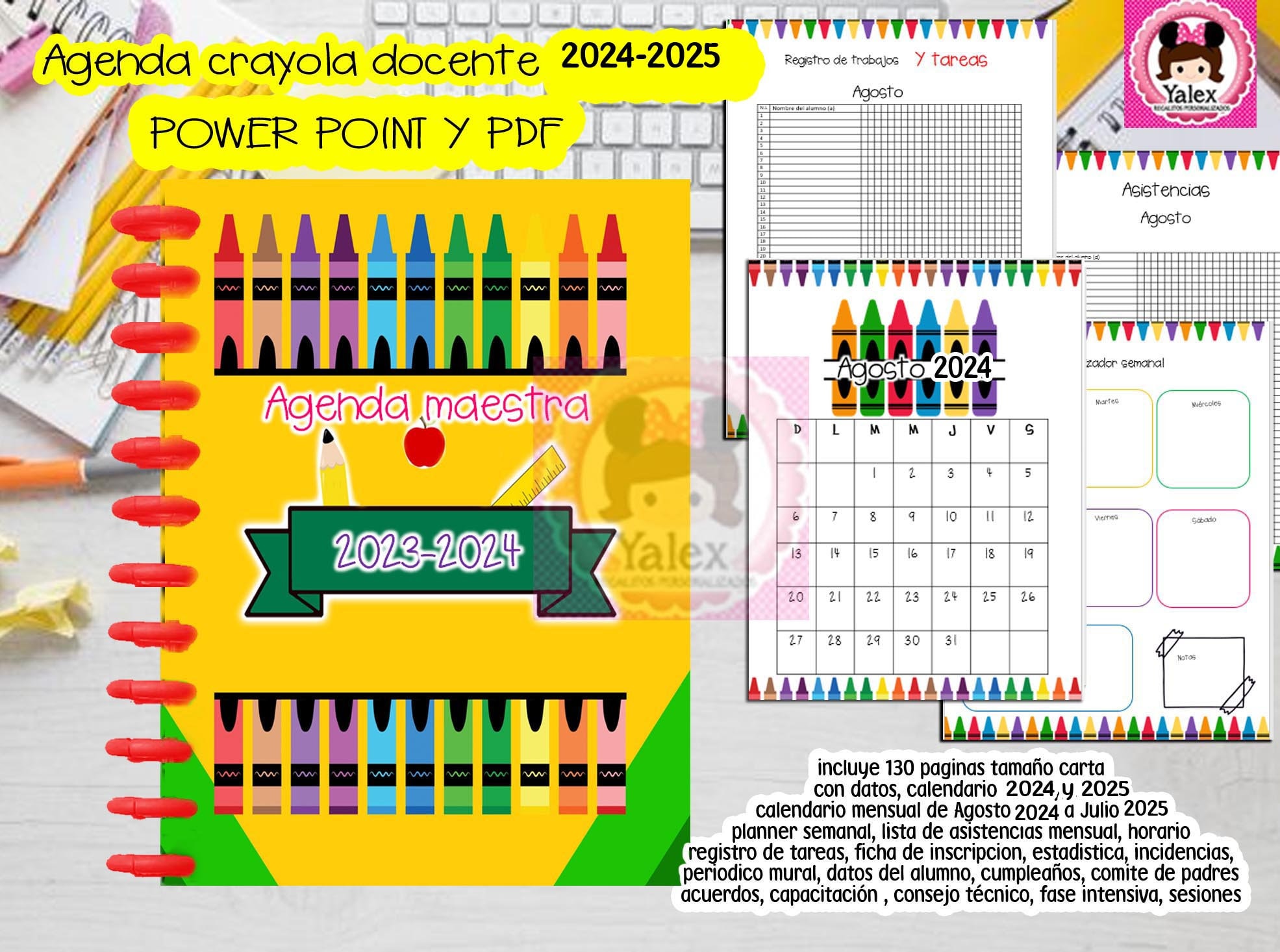 Agenda docente 2024 2025 crayola editable power point descarga