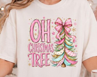 Comfort Colors Coquette Christmas Tree Shirt, Pink Bow Christmas Tee, Oh Christmas Tree Sweatshirt, Pink Christmas Tree Holiday Shirt, M785