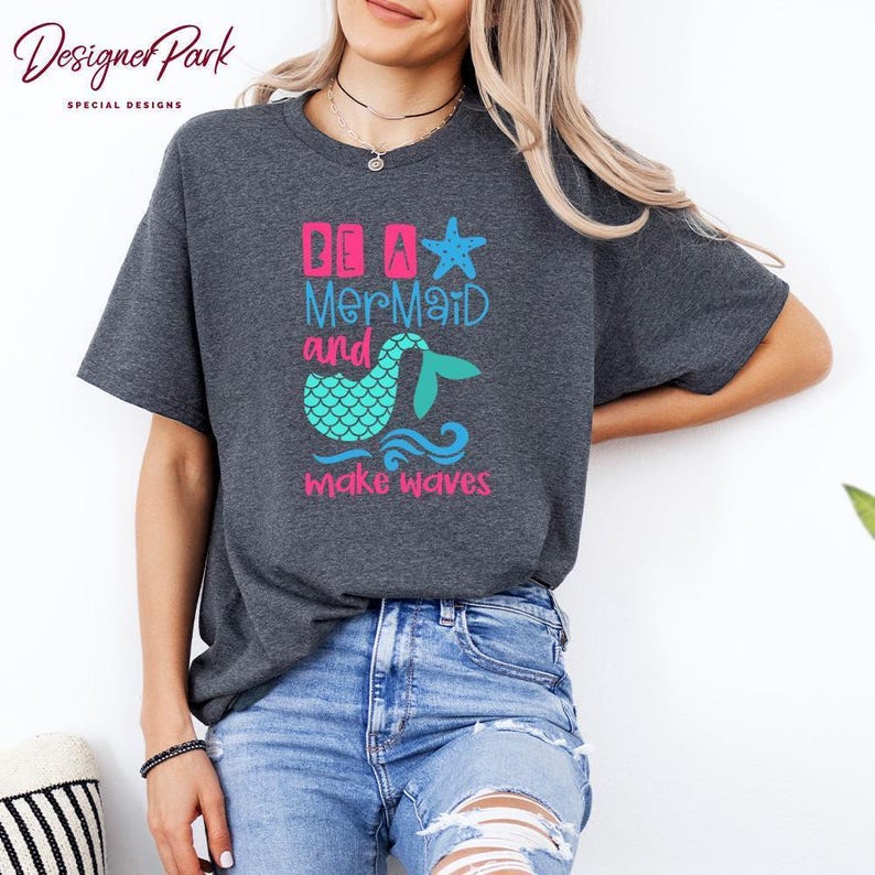 Camiseta "Be a Mermaid Make Waves", camiseta de verano, camiseta sin mangas para mujer, sudadera de verano para mujer, camiseta de regalo de sirena, camiseta de la Sirenita, S7 imagen 4