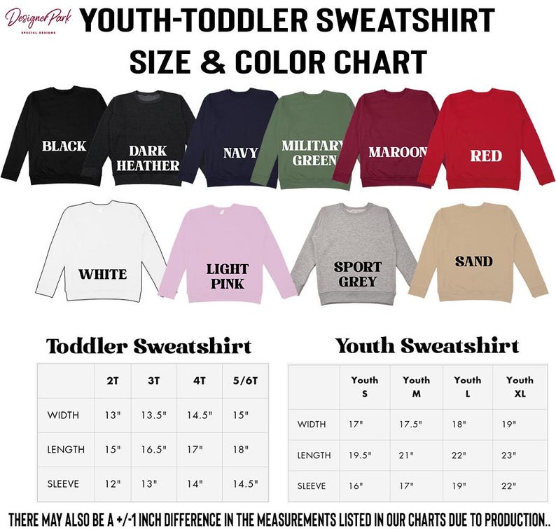 The image is a size and color chart for a youth-toddler sweatshirt, showing different sizes and colors available.