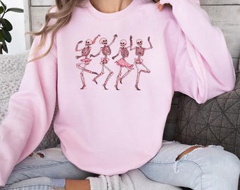 Pink Dancing Skeletons Sweatshirt, Skeleton Pinkoween Shirt, Girly Coquette Halloween Tshirt, Halloweening Gift, Spooky Season Hoodie, H27