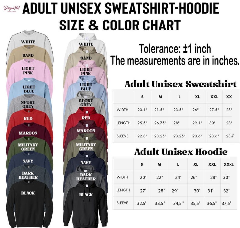 The image is a size and color chart for adult unisex sweatshirt hoodies. It displays various sizes and colors, including white, light pink, light blue, sport grey, red, maroon, navy, and black. The chart provides measurements for each size and color, and there is a table with size and color combinations and corresponding measurements.