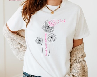 Breast Cancer Awareness Shirt, Dandelion Pink Ribbon T-shirt, Cure for Cancer Shirt, Support Tee for Women Ladies, Pink Flower Cancer M157